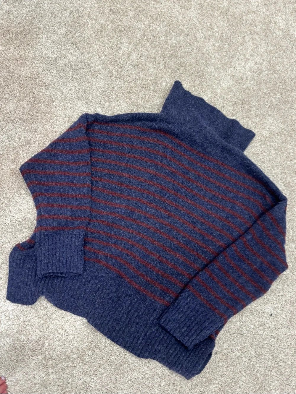 Maurices Cozier than Cashmere Navy and Maroon Striped V-Neck Collared Sweater